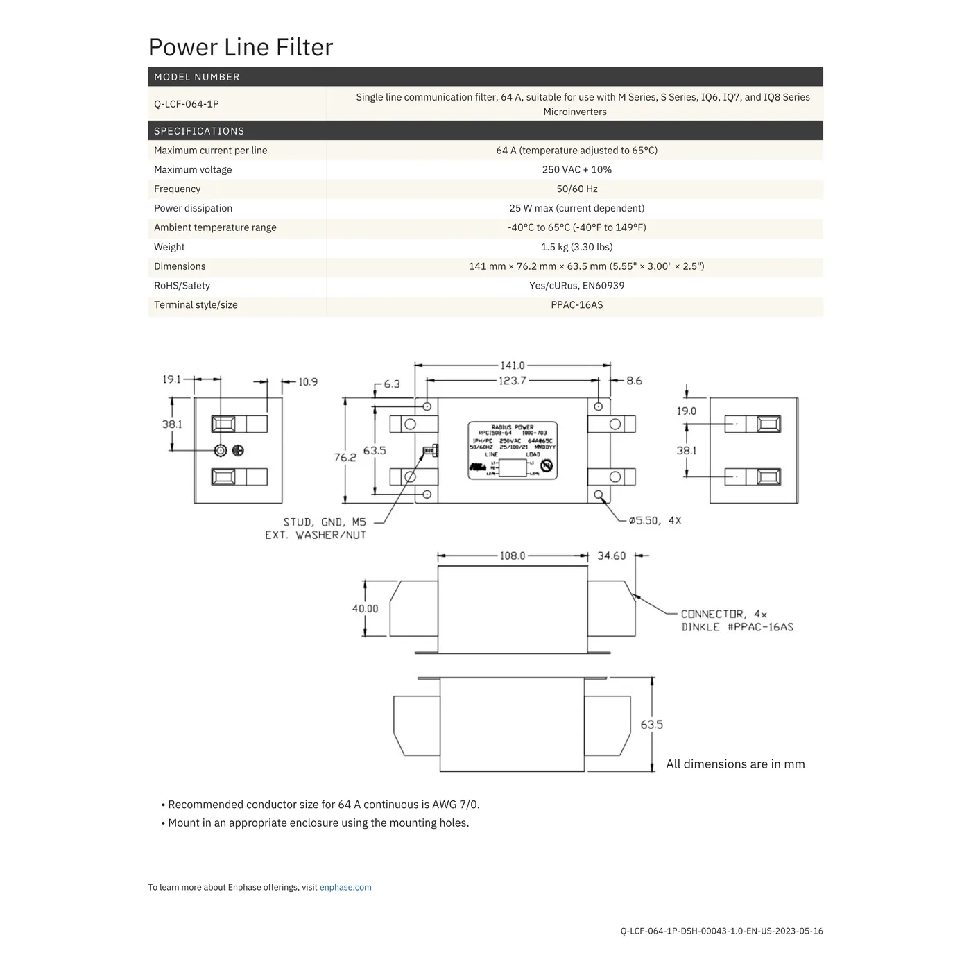 Enphase Q-LCF-064-1P Energy 1 Phase Line Communication Filter 64 A L-L Communication — visuel 2