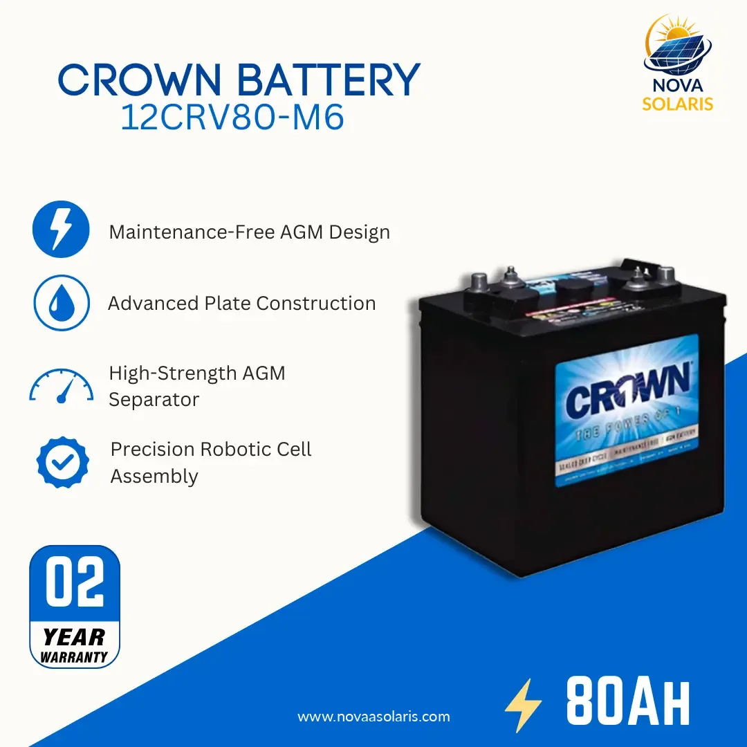 Crown 12CRV80-M6 12VDC 80Ah AGM Deep Cycle Battery