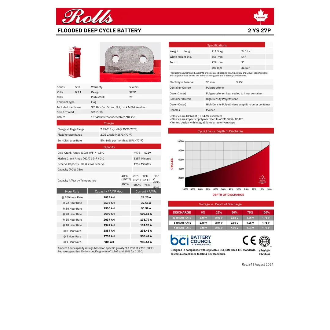 Rolls Surrette 2-YS-27P 2VDC 2190Ah Deep Cycle Battery — visuel 2