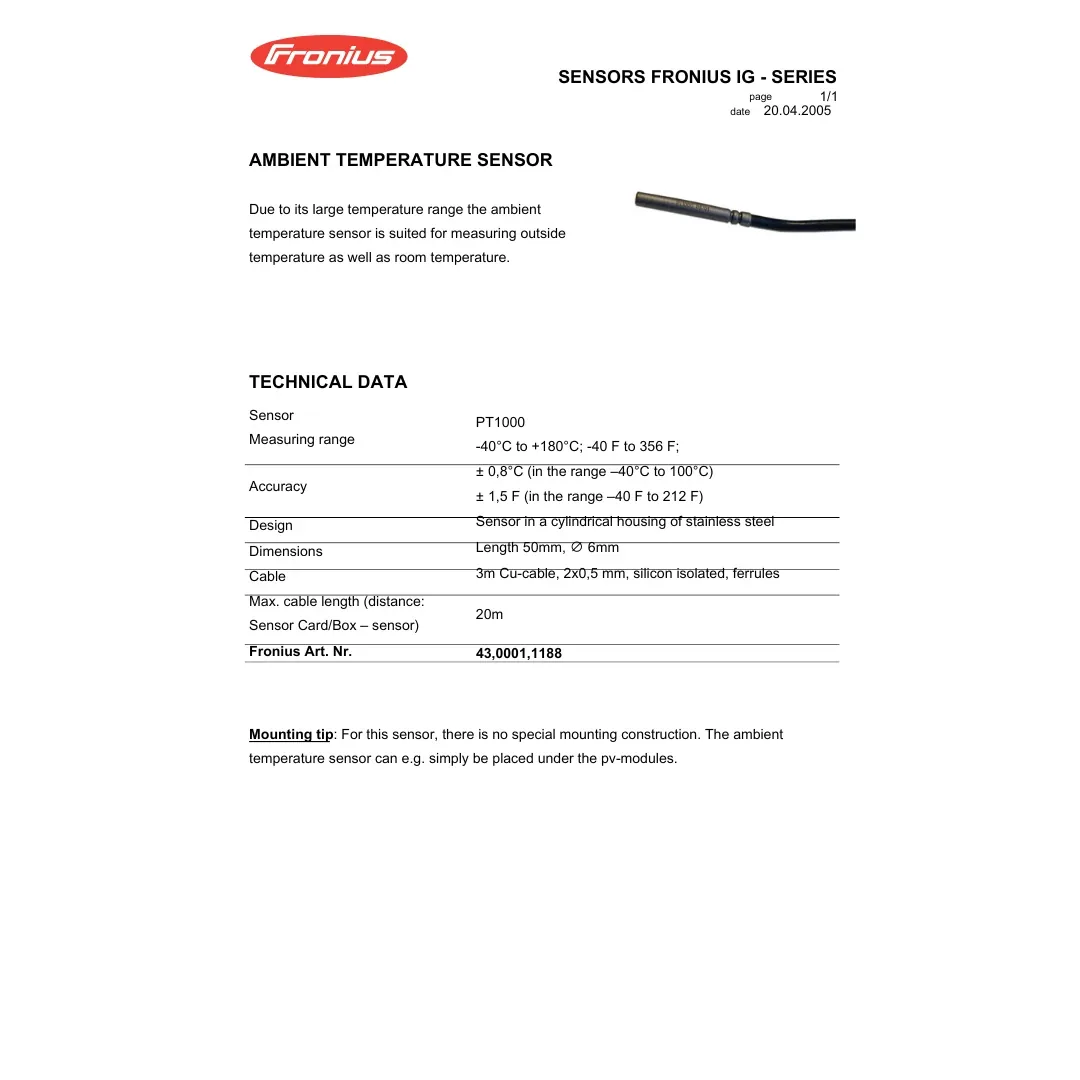 Fronius 4300011188 Ambient Temperature Sensor — visuel 2