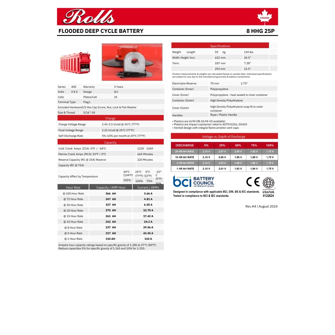 Rolls Surrette 8-HHG-25P 275Ah 8VDC Deep Cycle Battery — visuel 2