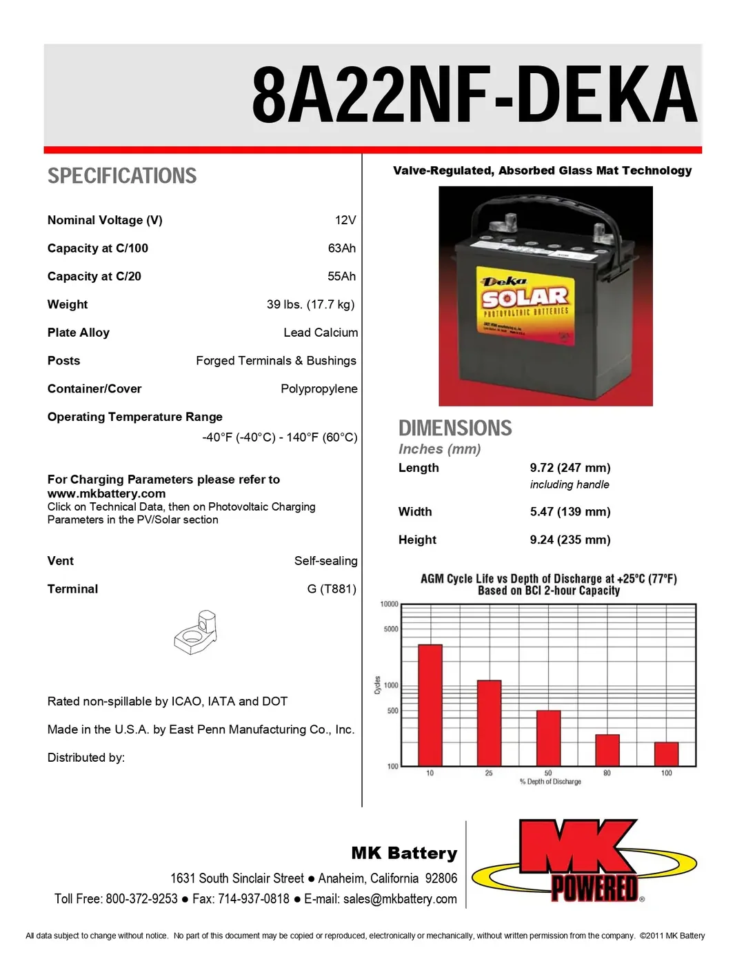 MK Deka 8A22NF 55Ah 12VDC Deep Cycle AGM Battery — visuel 2