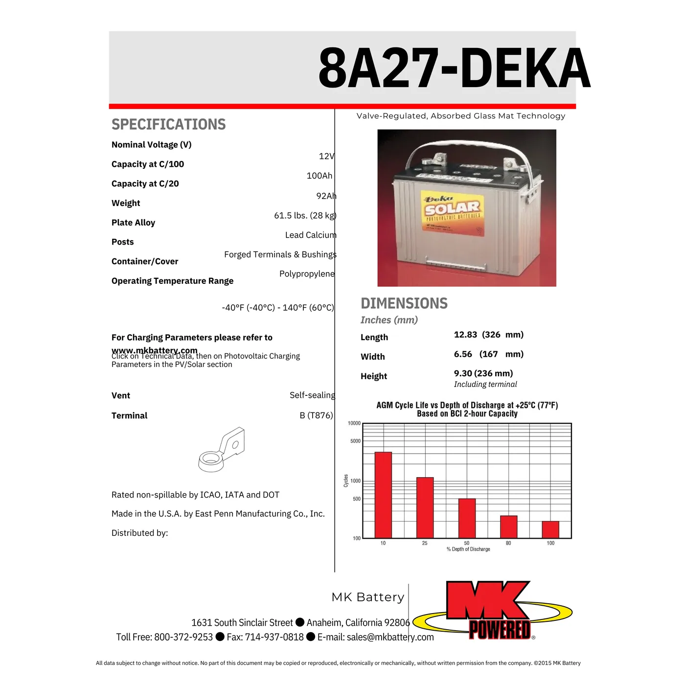 MK Deka 8A27 92Ah 12VDC Deep Cycle AGM Battery — visuel 2
