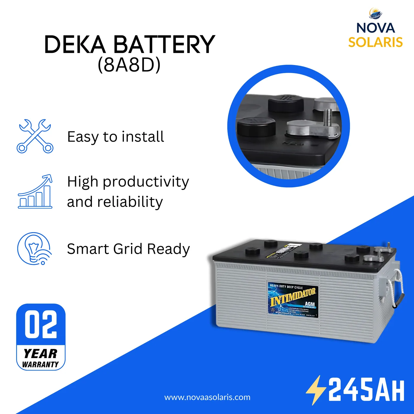 MK Deka 8A8D 245Ah 12VDC Deep Cycle AGM Battery