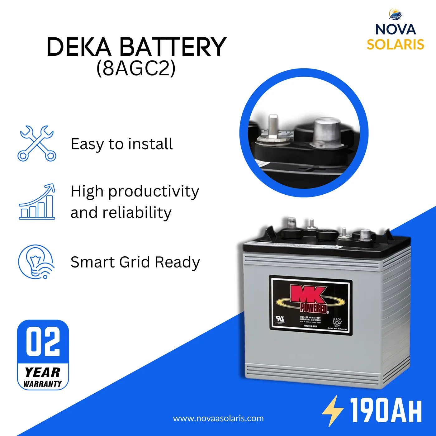 MK Deka 8AGC2 190Ah 6VDC Deep Cycle AGM Battery