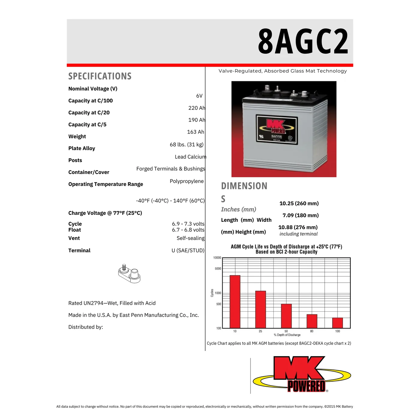 MK Deka 8AGC2 190Ah 6VDC Deep Cycle AGM Battery — visuel 2