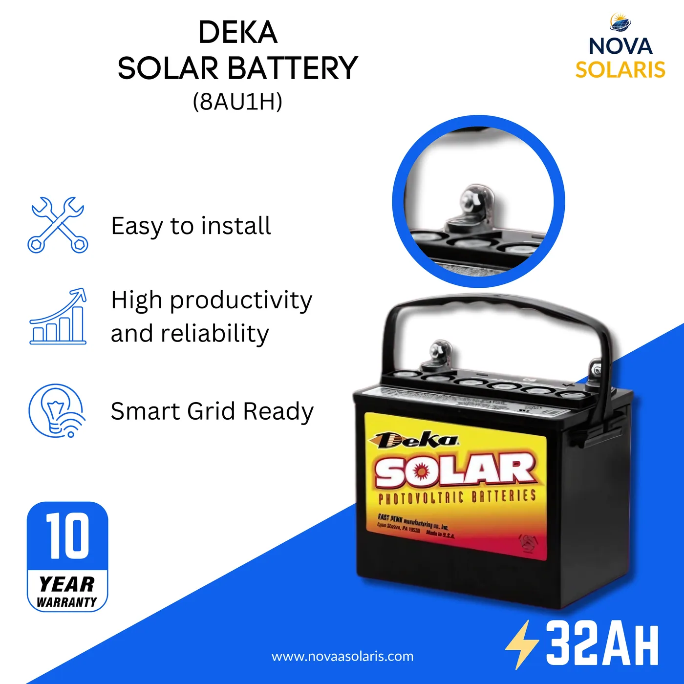 MK Deka 8AU1H 32Ah 12VDC Deep Cycle AGM Battery w/ Handle