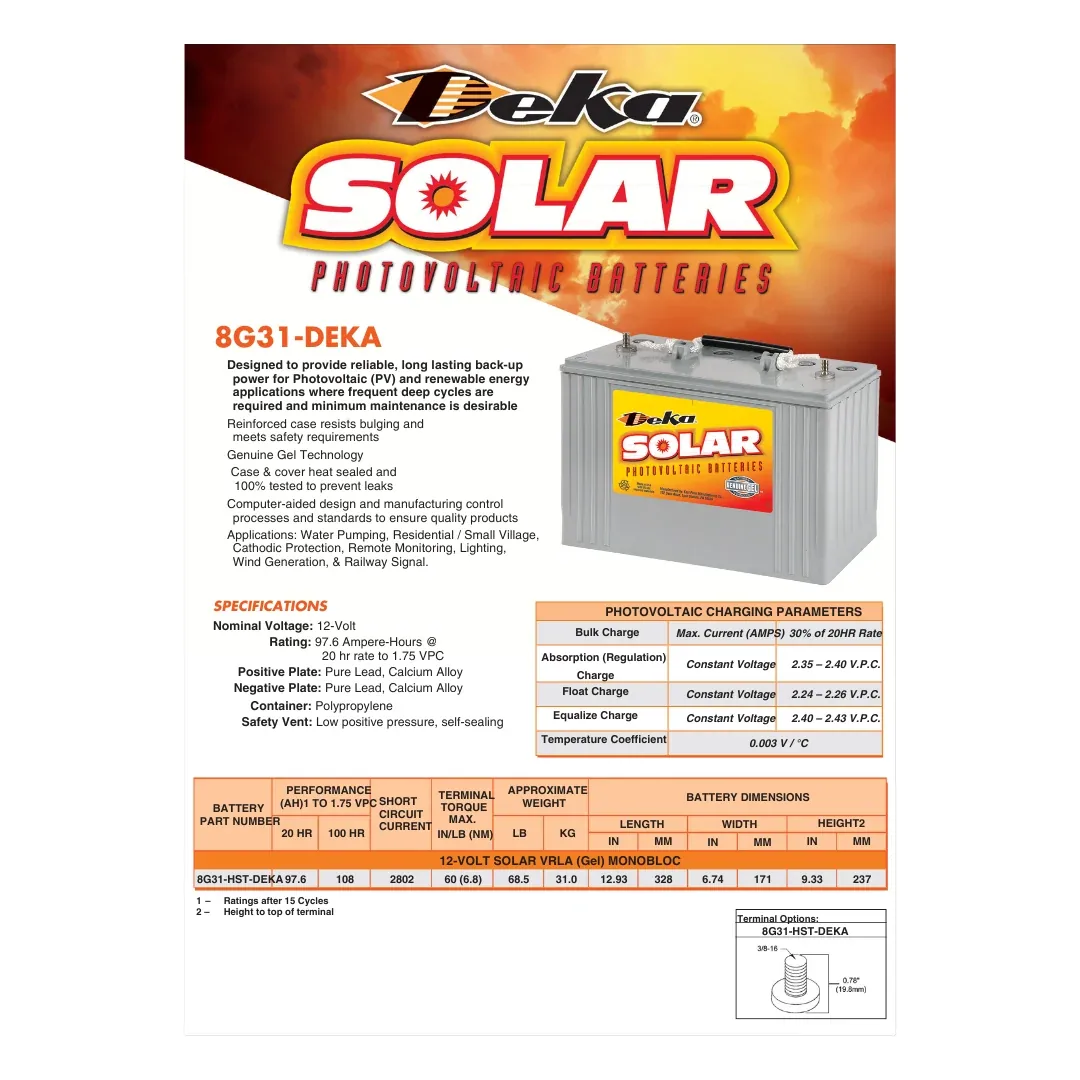 MK Deka 8G31 97Ah 12VDC Deep Cycle Sealed GEL Battery — visuel 2