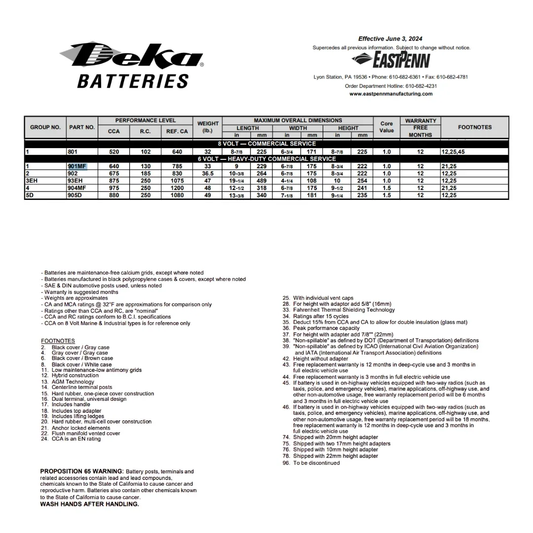 MK Deka 901MF 6VDC Flooded Lead-Acid Battery — visuel 2
