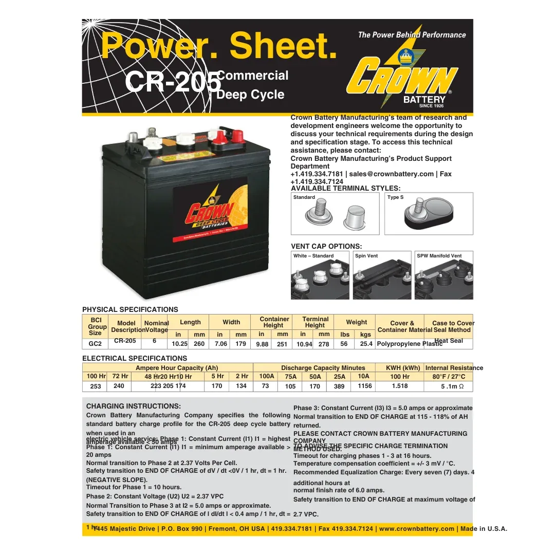 Crown CR-GC2V 6VDC 205Ah Golf Cart Battery — visuel 2