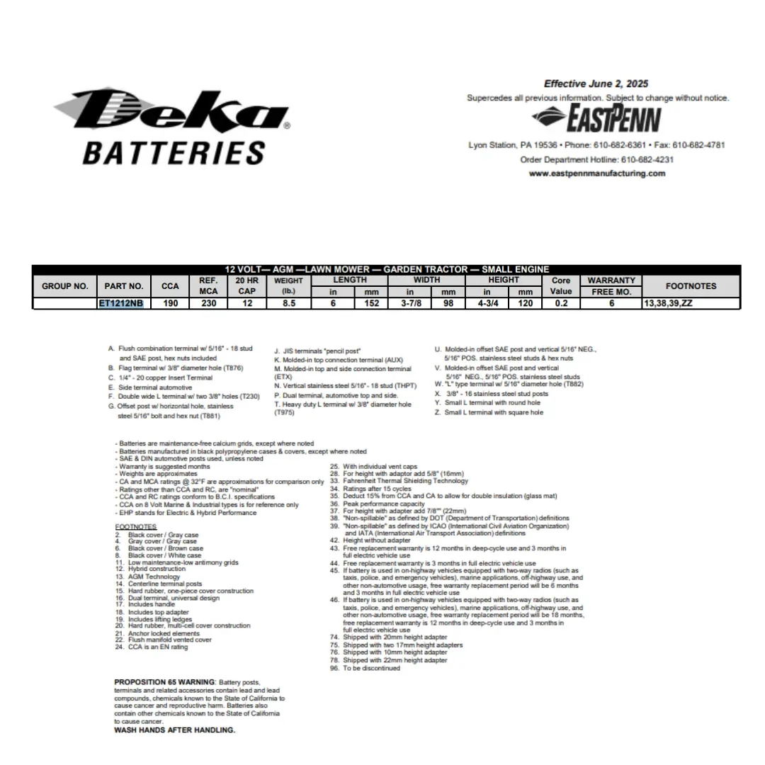 MK Deka ET1212NB 12Ah 12VDC Sealed Lead-Acid Battery (SLA) — visuel 2