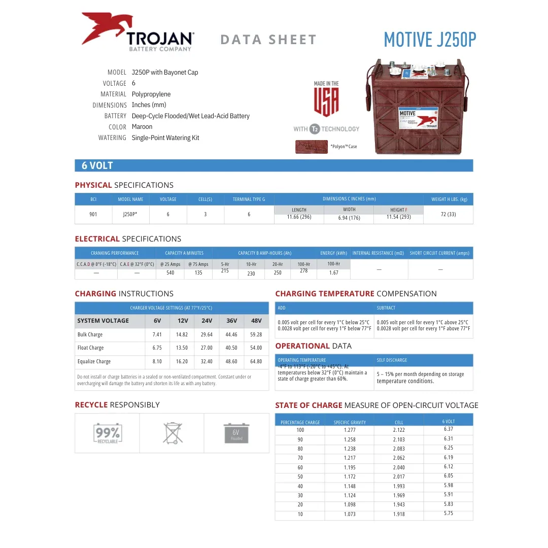 Trojan J250 6V 250Ah Flooded Lead Acid Battery W/ T2 Technology — visuel 2