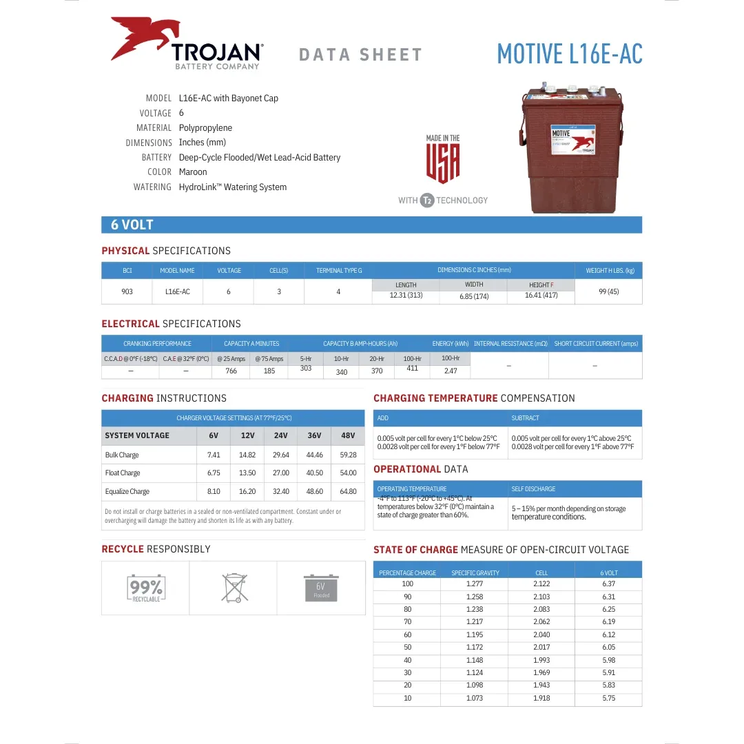 Trojan Motive L16E-AC 370Ah 6VDC Signature Deep-Cycle Flooded Battery — visuel 2