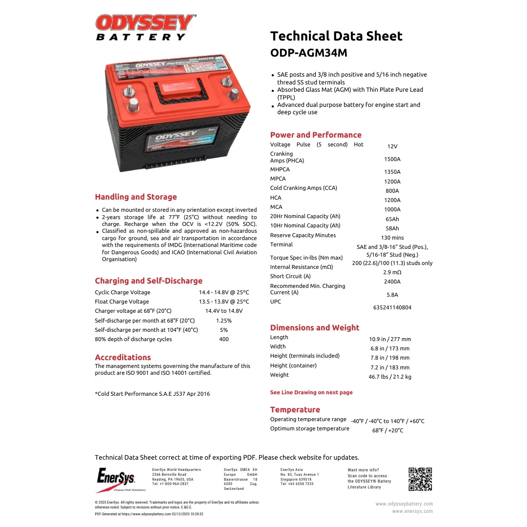 Odyssey Battery ODP-AGM34M 12VDC 65Ah Performance Series AGM Battery — visuel 2