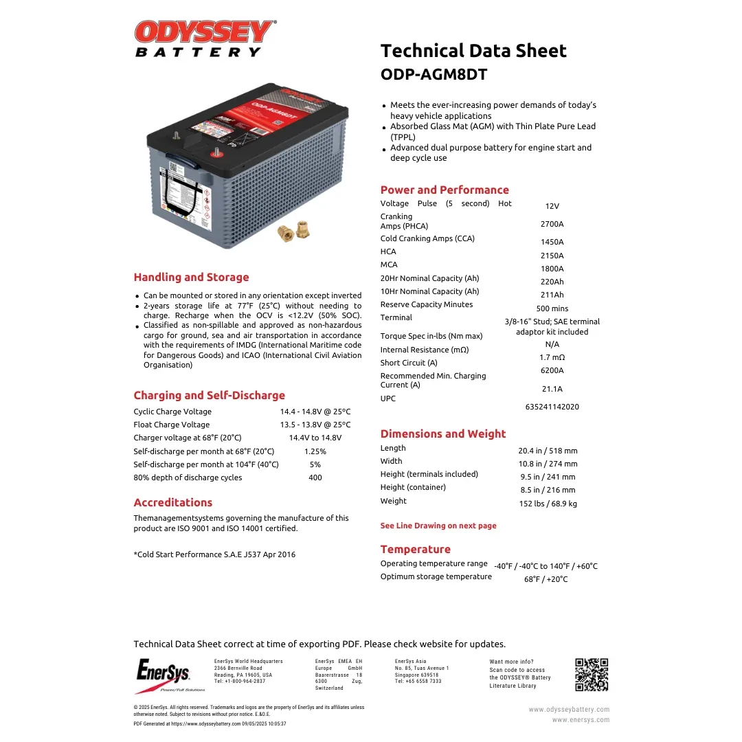 Odyssey Battery ODP-AGM8DT 12V 220Ah Extreme AGM Battery — visuel 2