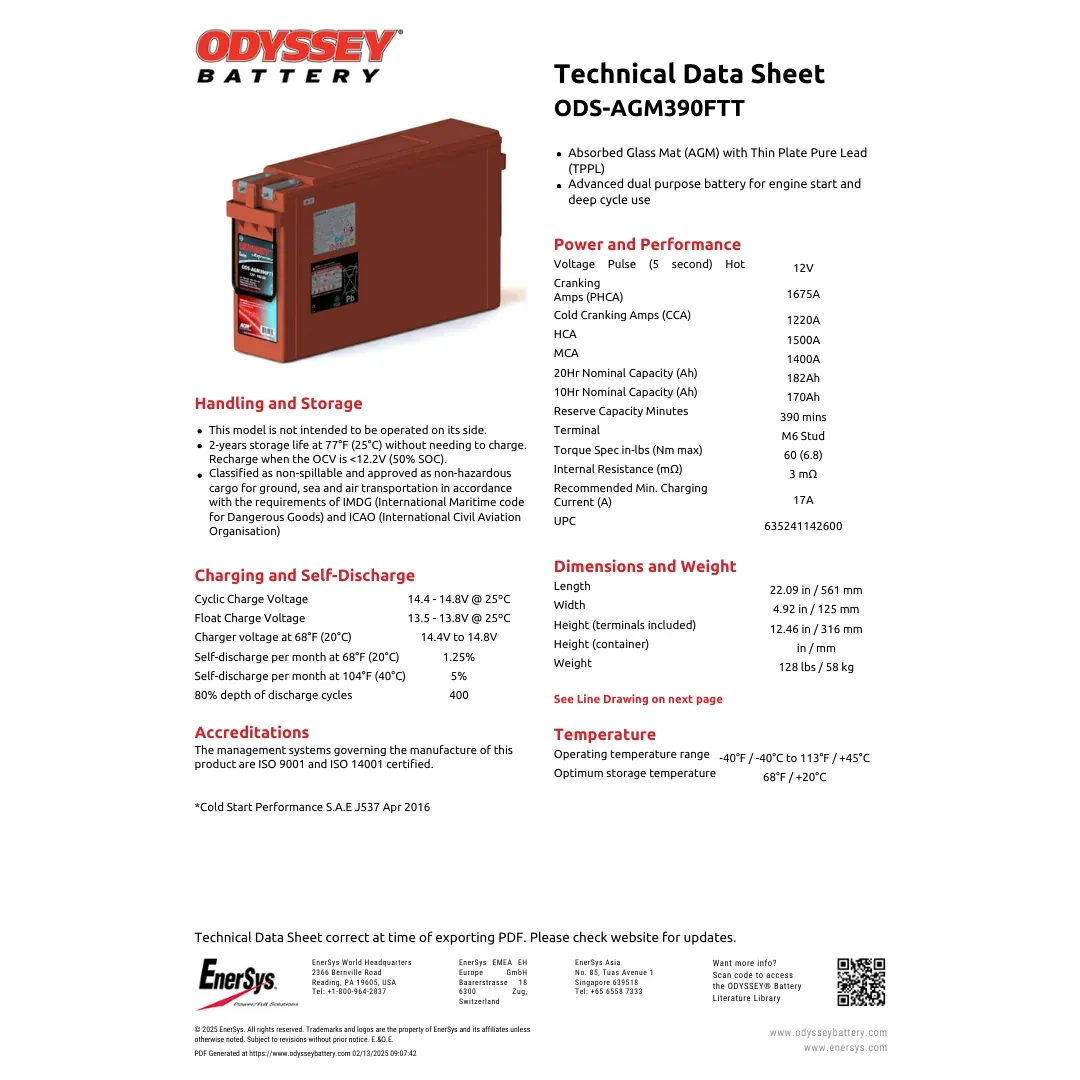 Odyssey Battery ODS-AGM390FTT 12VDC 182Ah Specialty Battery — visuel 2