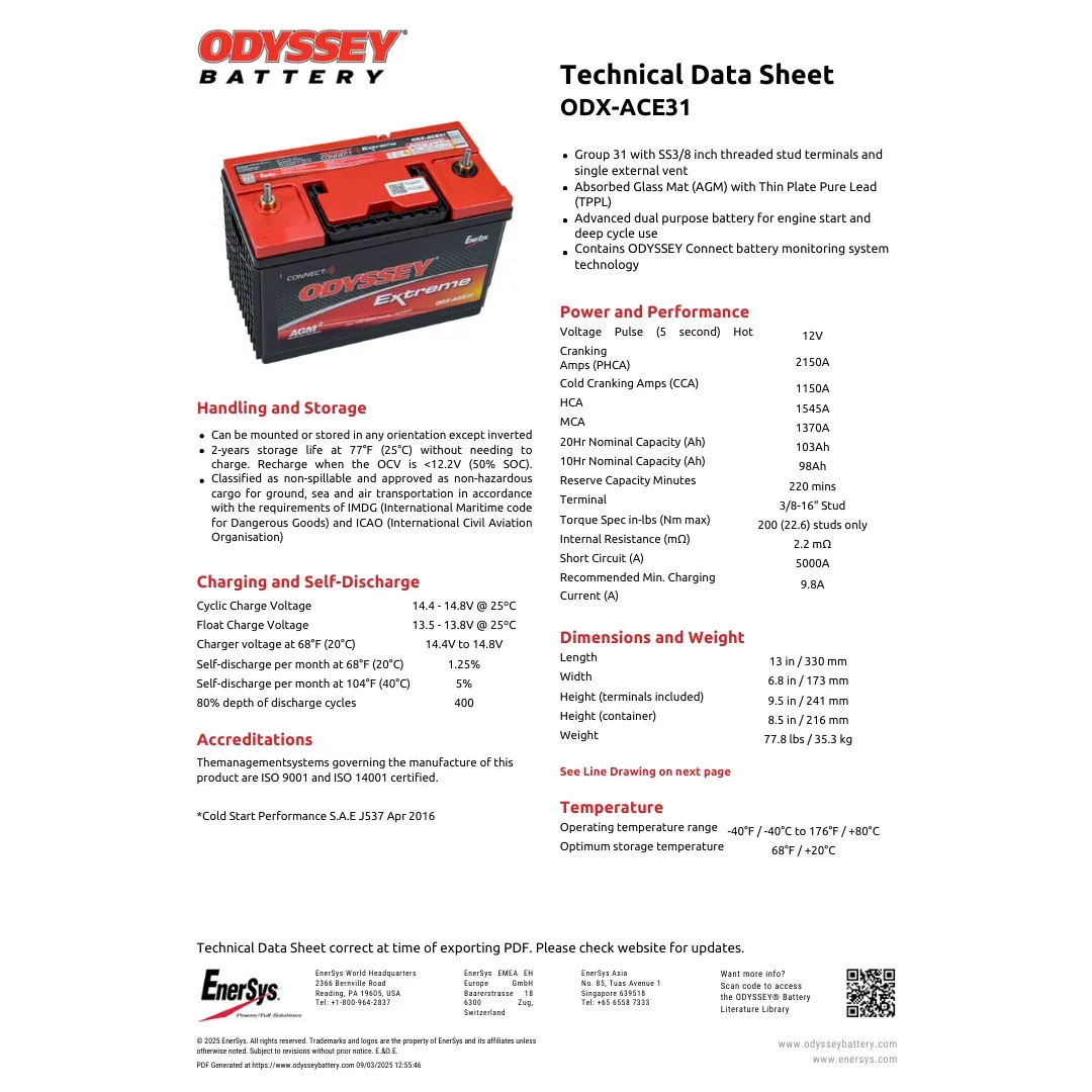 Odyssey Battery ODX-ACE31 12VDC 103Ah Extreme Series AGM Battery — visuel 2