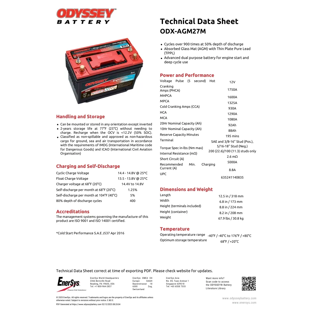 Odyssey Battery ODX-AGM27M 12VDC 92Ah Extreme Series AGM Battery — visuel 2