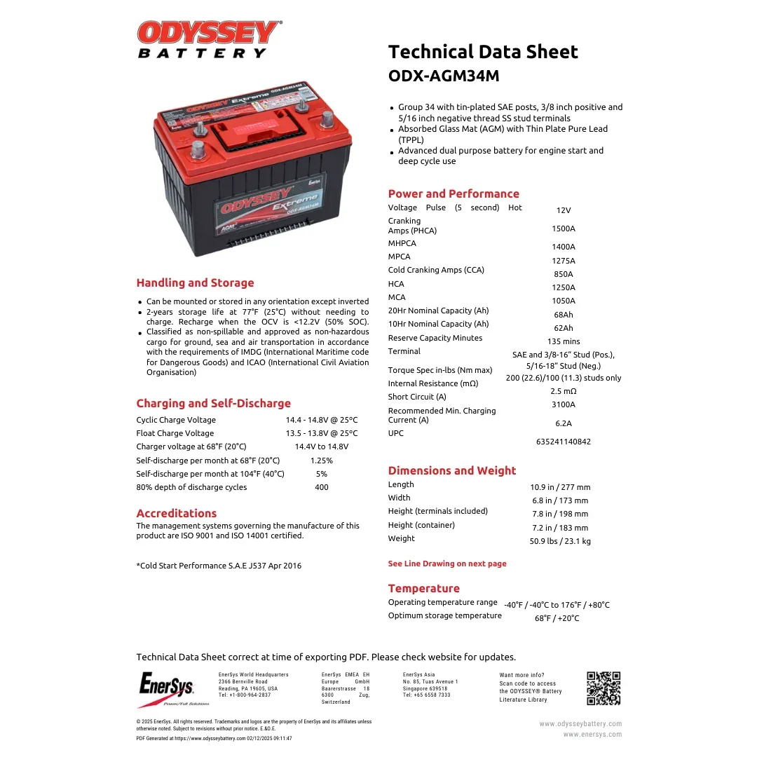 Odyssey Battery ODX-AGM34M 12VDC 68Ah Extreme Series AGM Battery — visuel 2