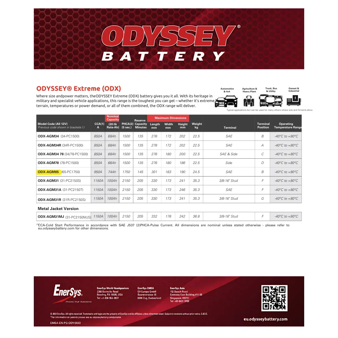 Odyssey Battery ODX-AGM65 12VDC 74Ah Specialty Battery — visuel 2