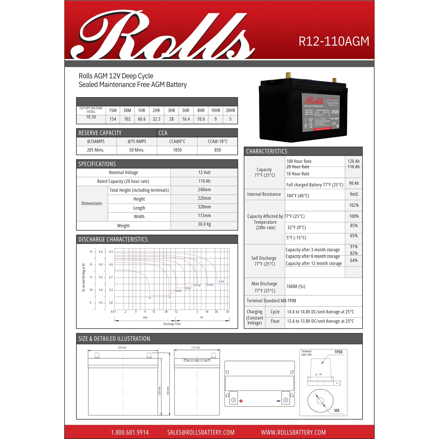 Rolls Surrette R12-110AGM 110Ah 12VDC AGM Deep Cycle Battery — visuel 2