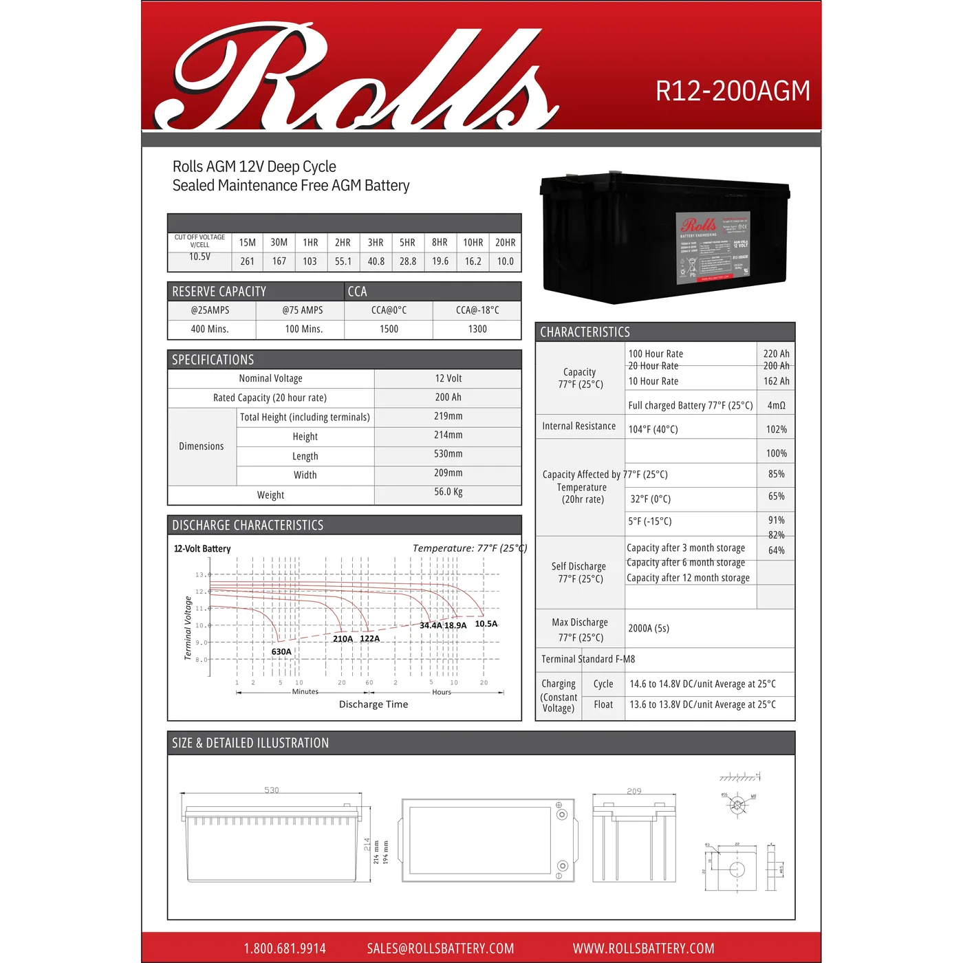 Rolls Surrette R12-200AGM 12VDC 200Ah AGM Deep Cycle Battery — visuel 2