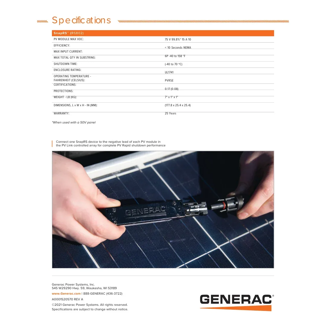 Generac RS802 SnapRS Gen2 RS802 Inline PV Disconnect for NEC 2017 — visuel 2