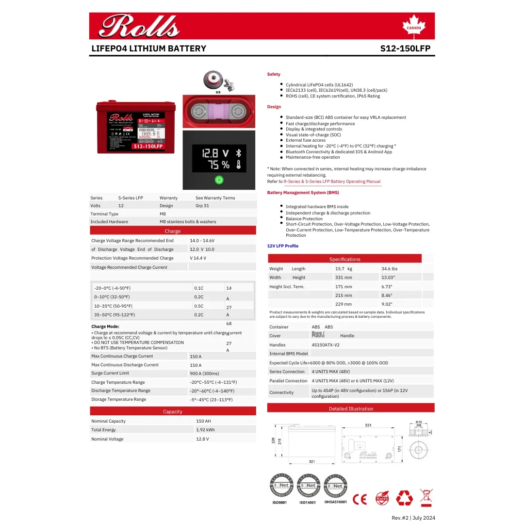 Rolls Surrette S12-150LFP 12VDC 150Ah Lithium Battery — visuel 2