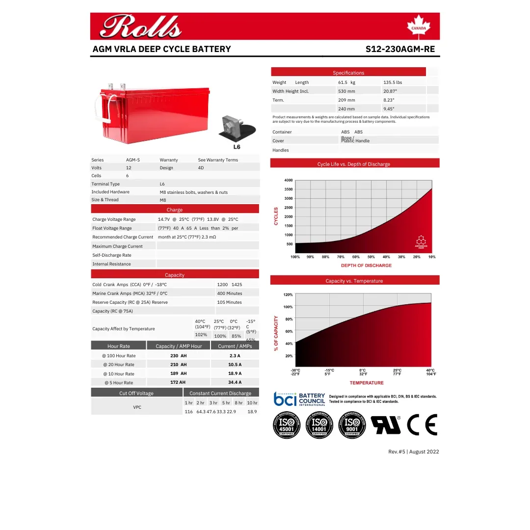 Rolls Surrette S12-230AGM 12VDC 210Ah AGM Deep Cycle Battery — visuel 2