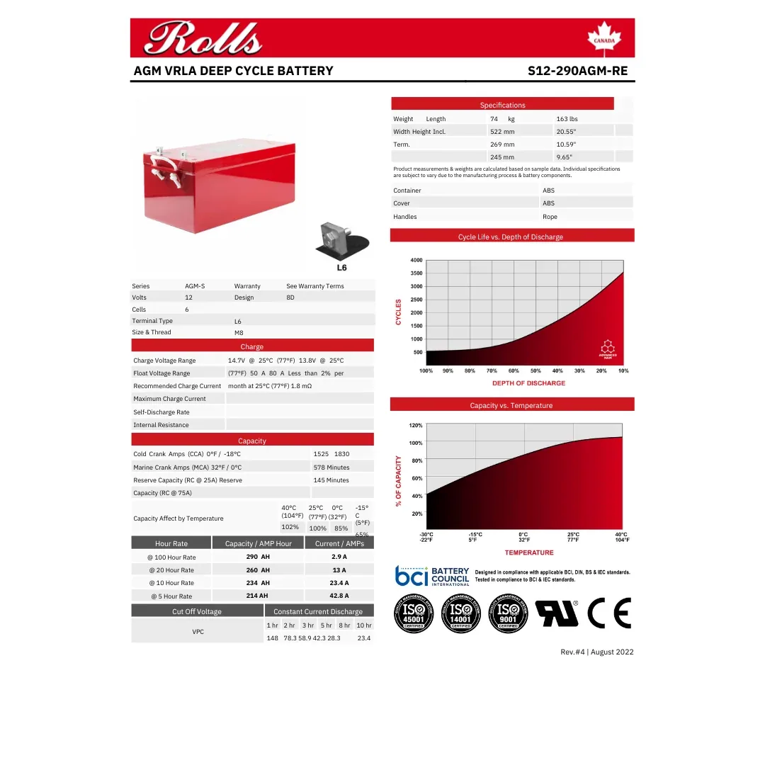Rolls Surrette S12-290AGM 12VDC 260Ah AGM Deep Cycle Battery — visuel 2