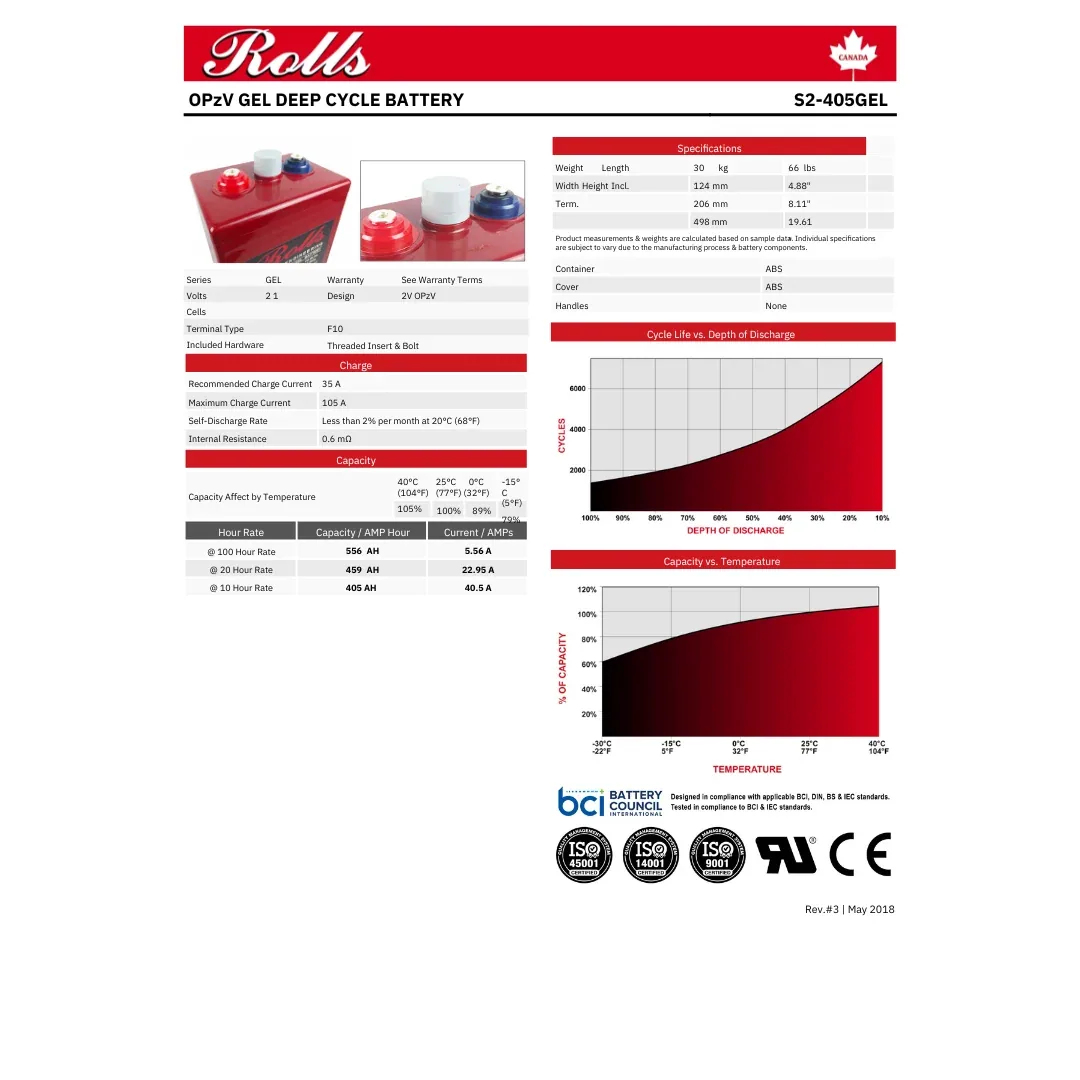 Rolls Surrette S2-405GEL 2VDC 459Ah Deep Cycle GEL Battery — visuel 2