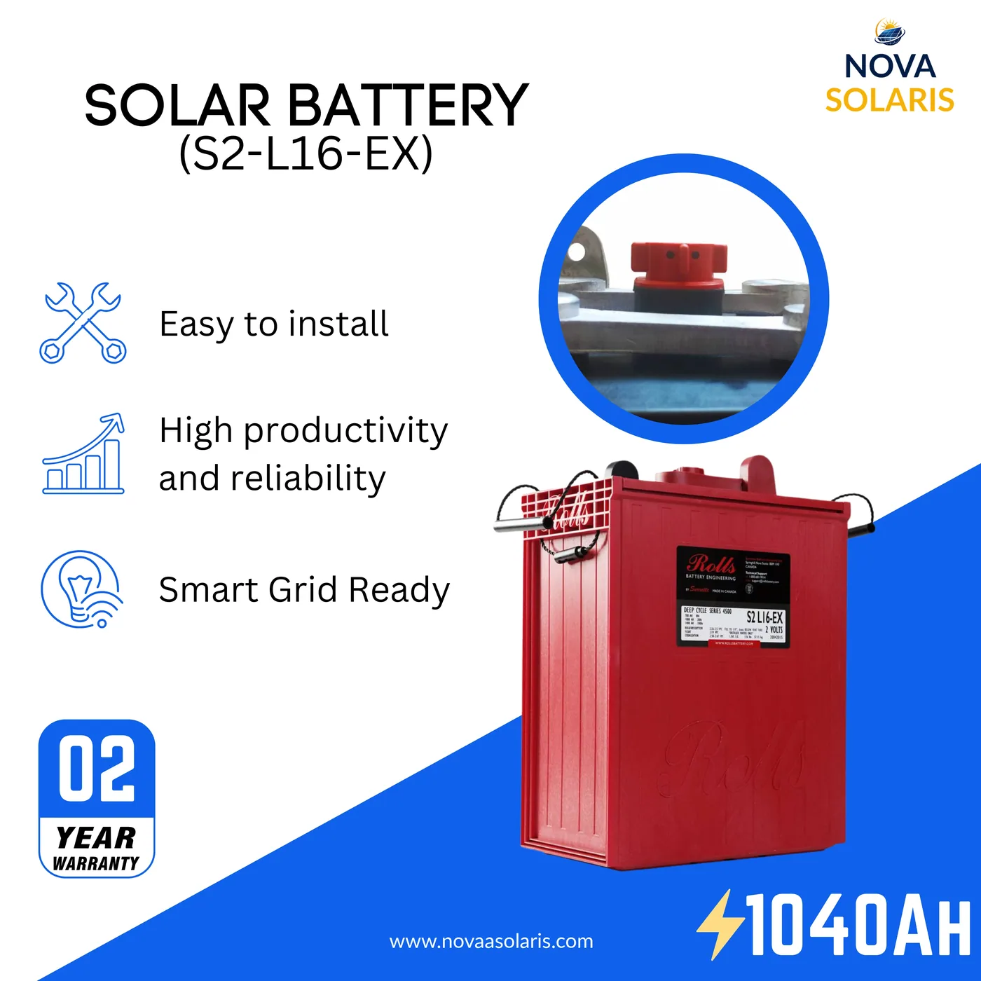 Rolls Surrette S2-L16-EX 2VDC 1040Ah Flooded Deep Cycle Battery
