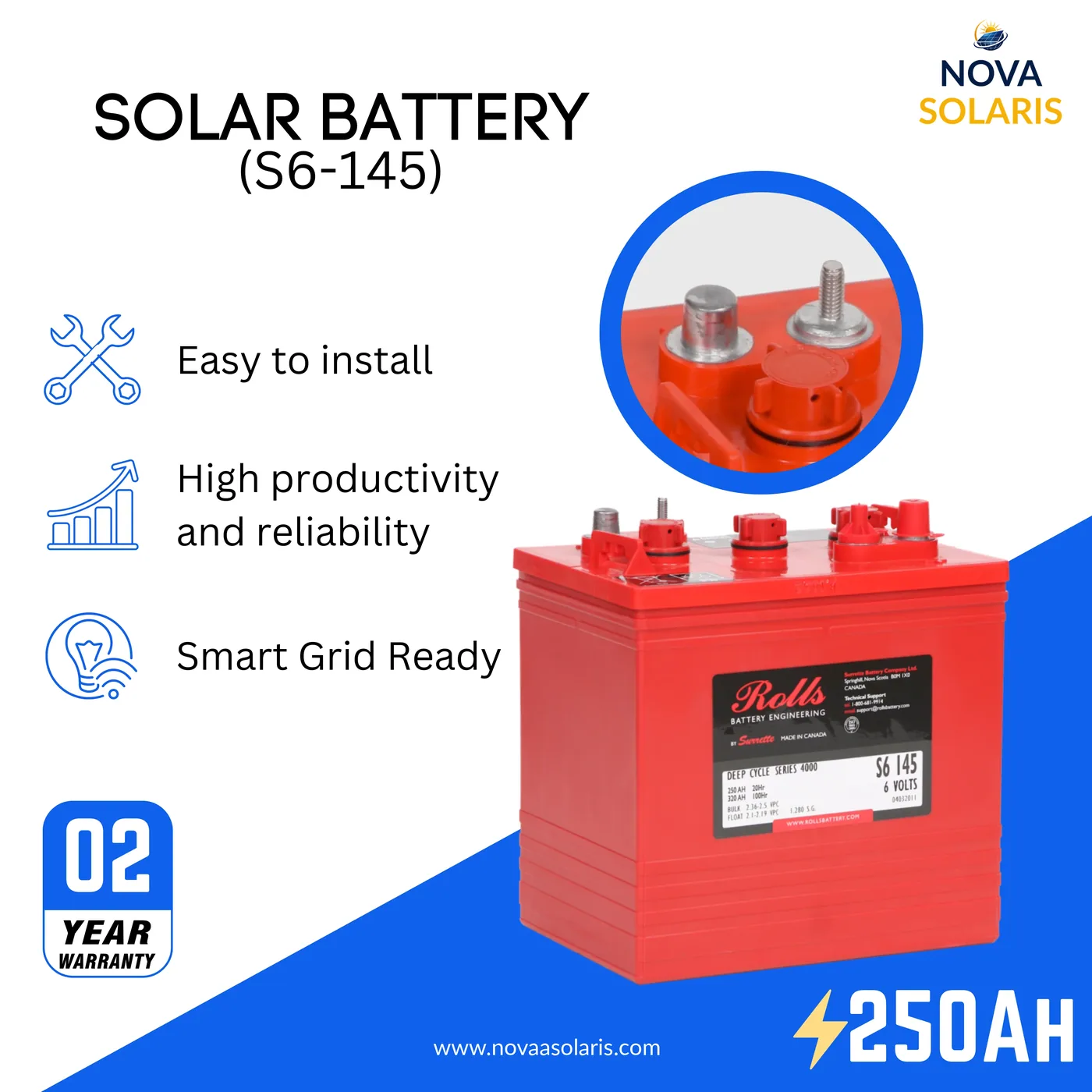 Rolls Surrette S6-145 6VDC 250Ah Flooded Deep Cycle Battery