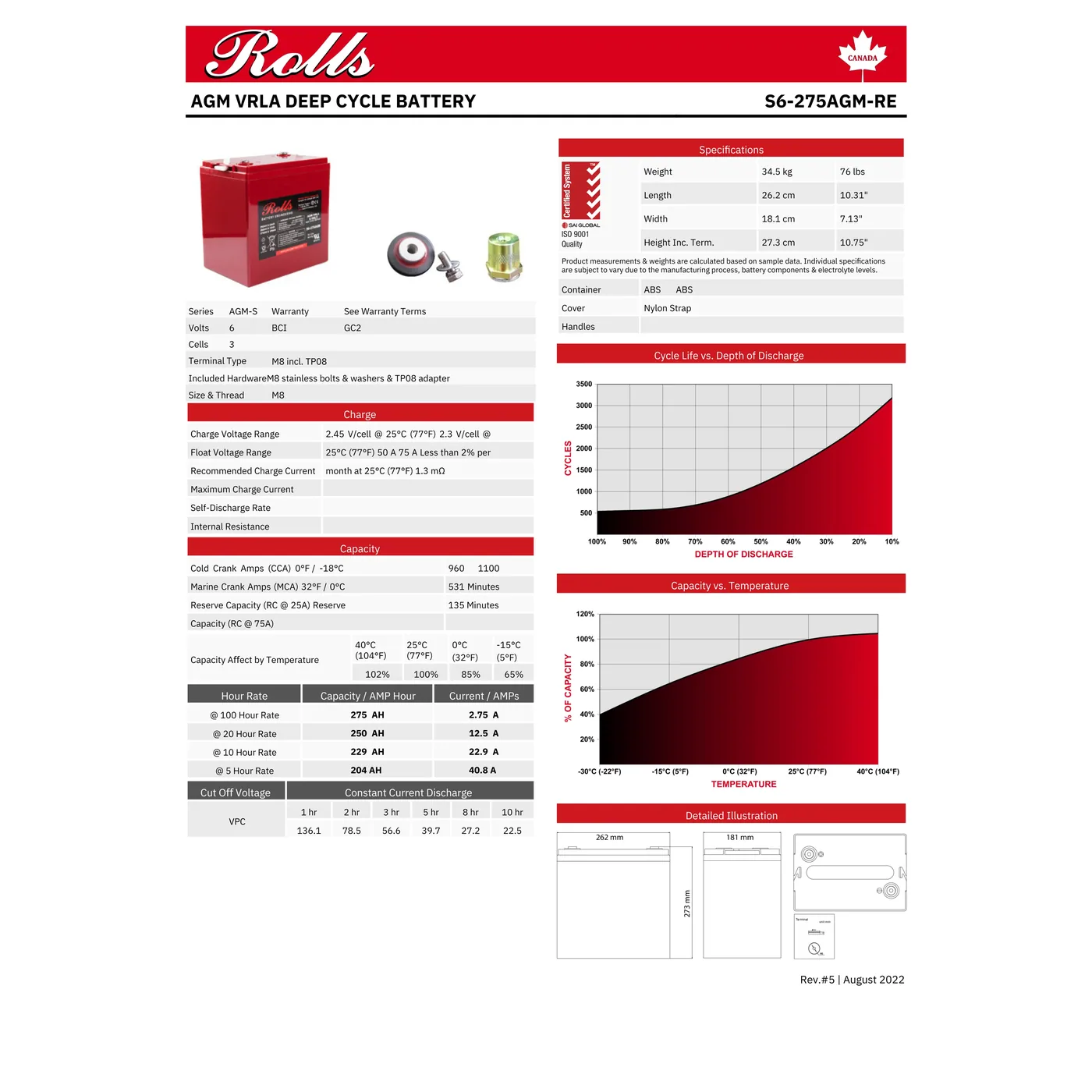 Rolls Surrette S6-275AGM 250Ah 6VDC AGM Deep Cycle Battery — visuel 2