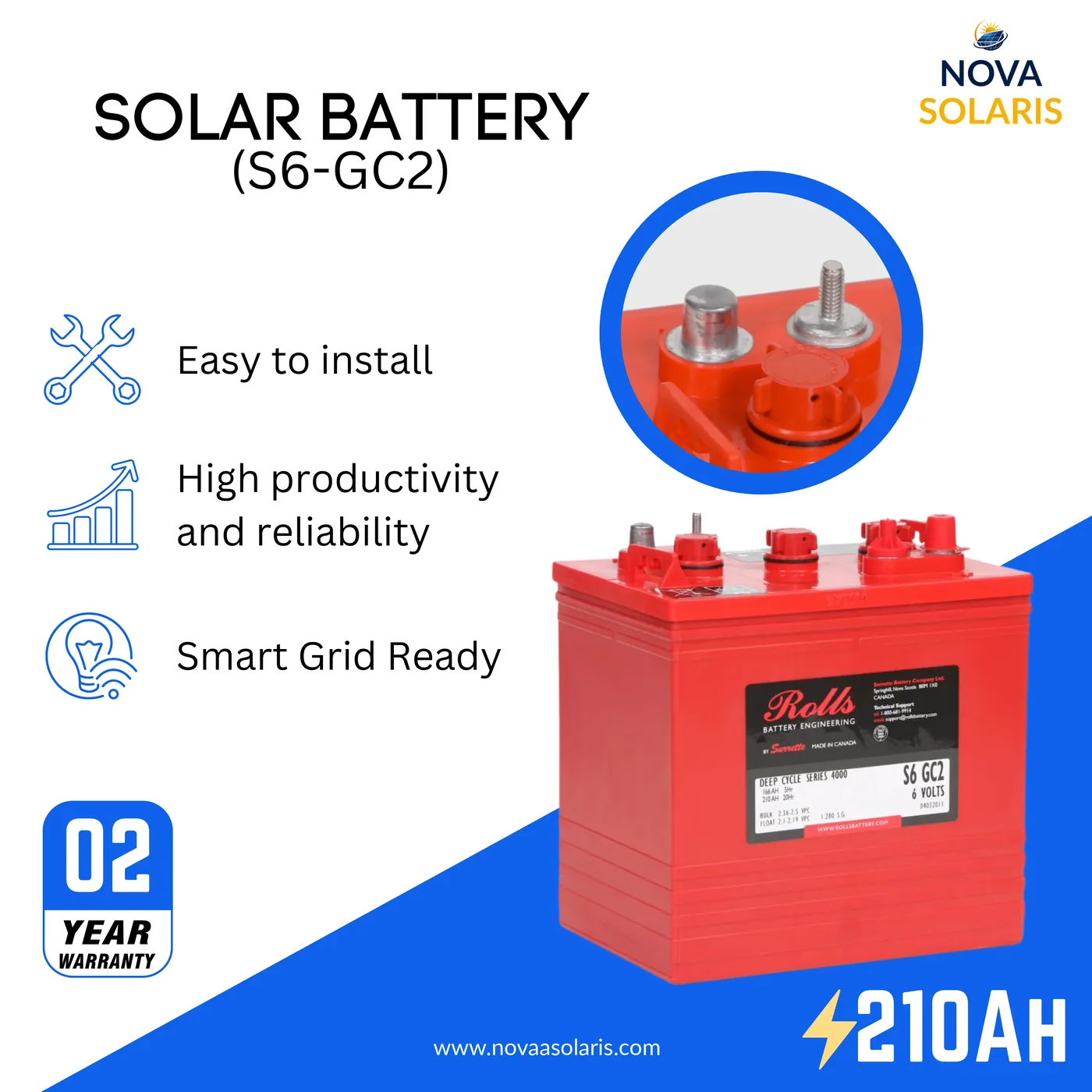 Rolls Surrette S6-GC2 6VDC 210Ah Flooded Deep Cycle Battery