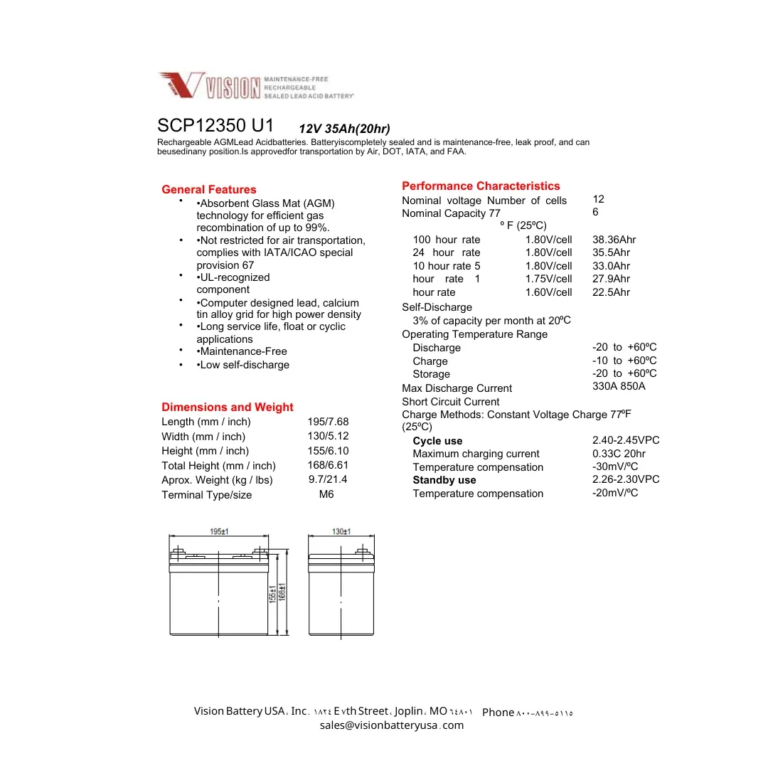 Vision SCP12350 35Ah 12VDC Sealed Lead-Acid AGM Battery — visuel 2