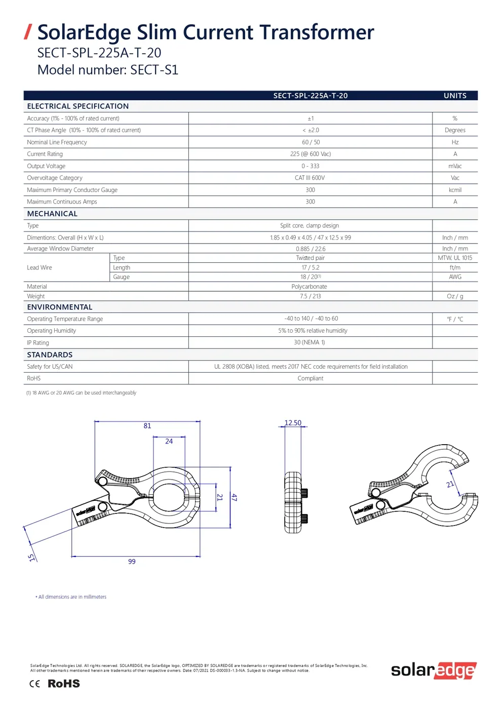 SolarEdge SECT-SPL-225A-T-20 225A Slim Current Transformer — visuel 2