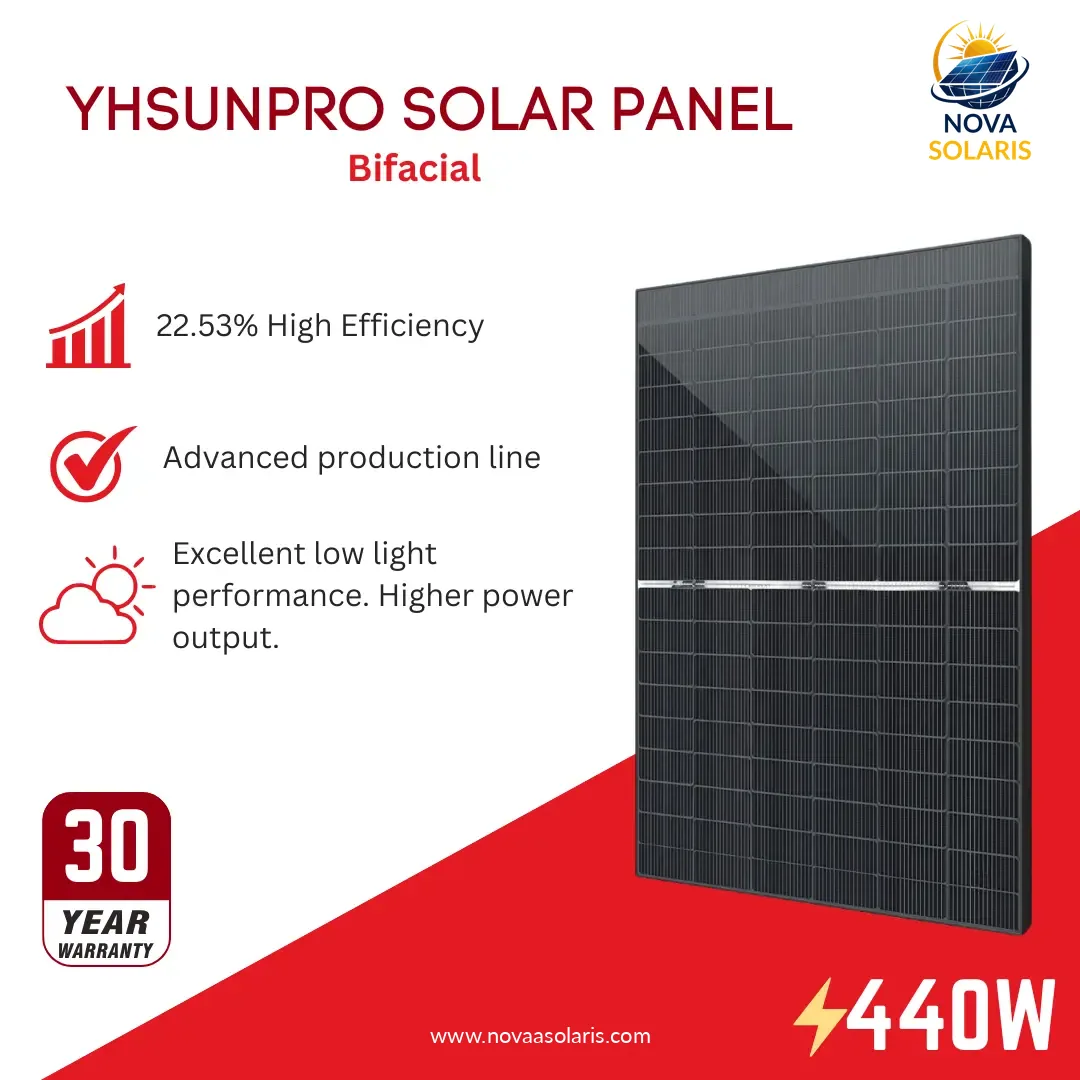 YH Sunpro SPDG-440-N108M10 440 Watt 108 Half-Cell Bifacial Transparant Double Glass Solar Panel