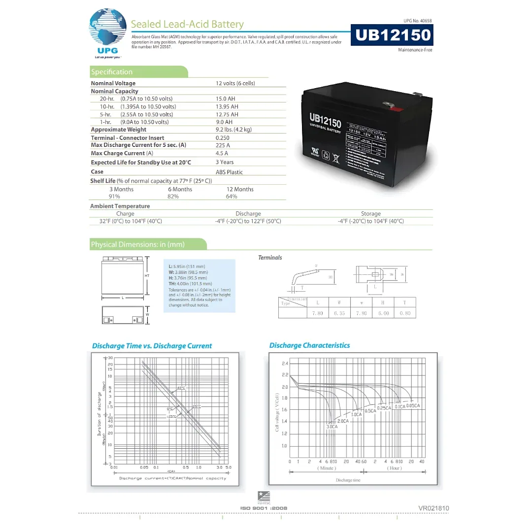 UPG UB12150 15Ah 12VDC Sealed Lead-Acid AGM Battery — visuel 2
