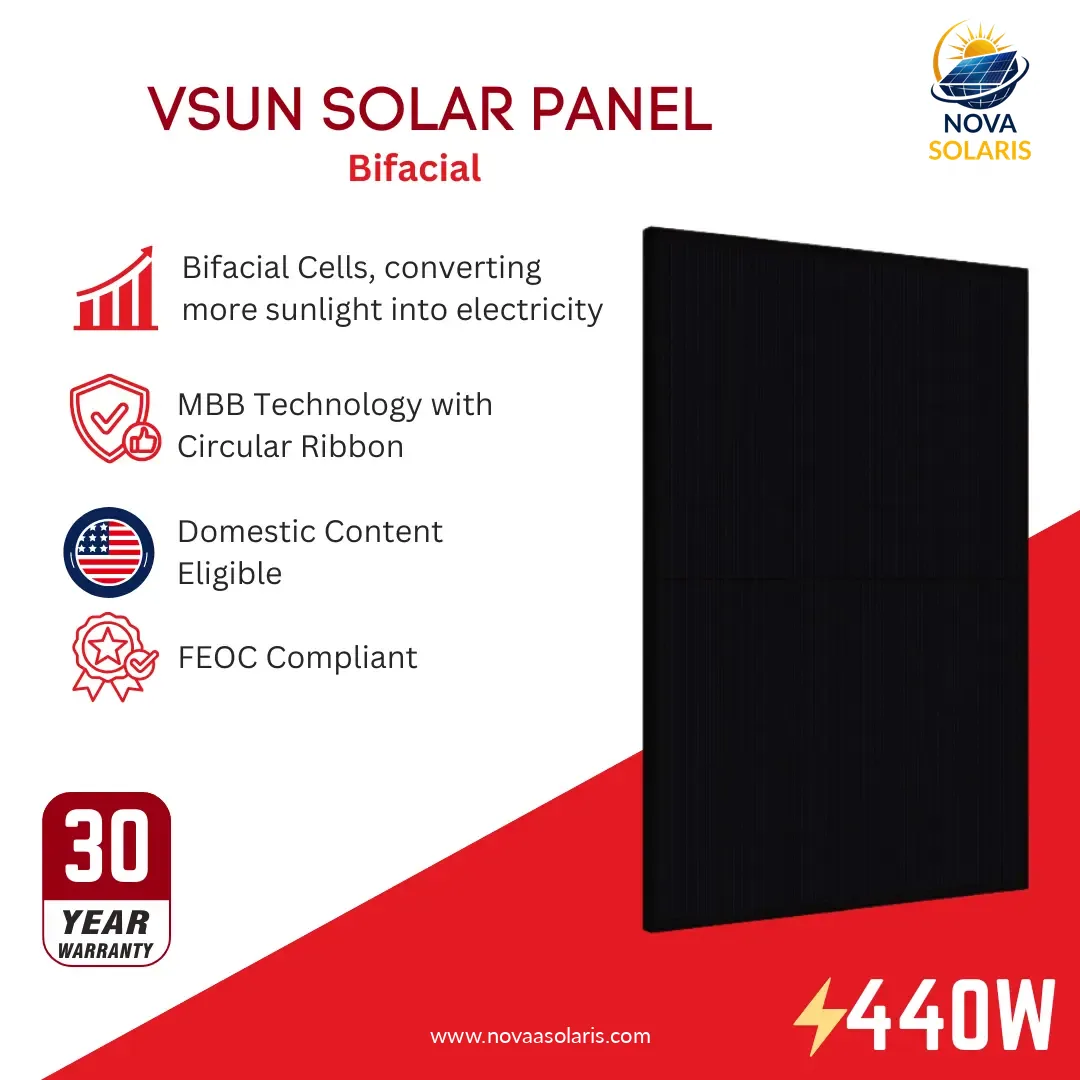 VSUN VSUN440N-108BMH-BB 440Watt 108 Half-Cell Bifacial Solar Panel - Domestic Content Eligible - FEOC Compliant